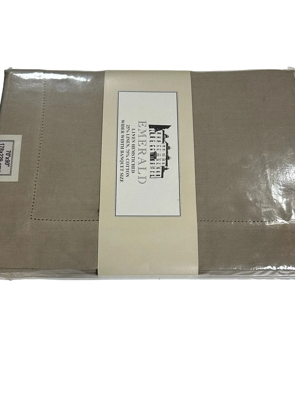 Emerald Linens Taupe Hemstitched Linen Cotton Tablecloth 70x90 Banquet Size NIP